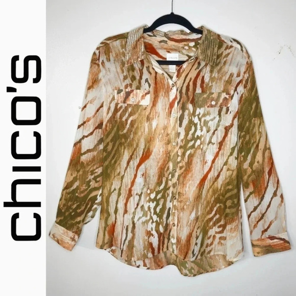 Chico's Tops - CHICOS 2 Neutral Zebra Chic Joceline Top Long Sleeve Sequin Collar